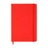 A red notebook with an elastic band closure and a ribbon marker. It features a solid cover and has no visible branding.