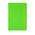 A green notebook with a ribbon closure and an elastic band, featuring a smooth cover and a bookmark.
