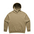 A beige hoodie featuring a front pocket and a large hood. The design includes a logo.
