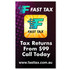 A promotional poster featuring a logo, vibrant colors, and text about tax return services, including a call to action.