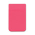 A pink Lycra phone wallet featuring a slim design and a pocket for cards. It has a branding logo.