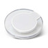 A wireless charger in a sleek circular design with a translucent base and a white charging pad.