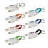 Multiple keychain charging cables in various colours with logos, featuring USB and micro-USB connectors.