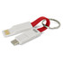A 3-in-1 charging cable in red and white with a keyring attachment, featuring USB-C, micro USB, and Lightning connectors.