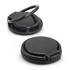 A black phone ring stand with a sleek, flat design, featuring a circular base and a retractable ring.