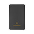 A solid black power bank with a gold logo on the front. Compact and portable design for charging devices.