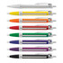 A set of eight plastic pens in various colours, featuring white and silver accents and a logo on each pen.