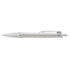 A white plastic pen with a textured grip and a clip, featuring a logo on its barrel.