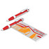 A set of red plastic pens and a promotional notepad, featuring a design and a logo.
