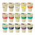 A collection of double wall natural express cups in various colours, each with a logo or branding detail.