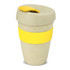 A drink bottle with a light brown body, yellow band, and lid, featuring a sleek design and a logo.