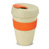A drink bottle with a double-wall design in a natural tone and orange silicone grip. It features a lid and has a logo.