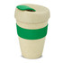 A drink bottle featuring a double wall design in beige with a green silicone band and lid. It has a logo.