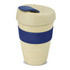 A drink bottle with a light beige body and dark blue silicone band and lid. Features a logo.