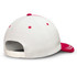 A white baseball cap with a red peak and accents, featuring a logo on the back.