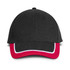 A black cap with a red and white peak, featuring a logo on the front.