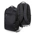A black recycled backpack with adjustable straps and zippered compartments, featuring a logo on one side.