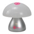 A Portobello table lamp with a frosted white mushroom-shaped shade and a silver base, featuring a logo.