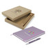 A purple notebook with an elastic band and a pen, presented in a kraft gift box featuring a logo.