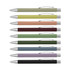 A collection of ten stylish pens in various muted colours with silver accents and clip mechanisms.