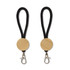 A keytag featuring a round wooden element with a black rope attachment and a metal clip.