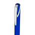 A blue gel ink pen with a sleek silver clip and shiny finish, featuring branding on the barrel.