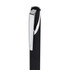 A black gel ink pen with a sleek chrome clip, featuring a simple design and branding logo.