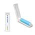 A mini lint roller featuring a blue roller and a white casing with a logo.