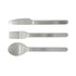 A stainless steel cutlery set featuring a knife, fork, and spoon. The design is sleek and minimalistic.