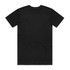 A plain black T-shirt with a round neck and short sleeves. It features a logo on the label.