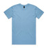 A plain light blue T-shirt with a crew neck and short sleeves, featuring a logo on the label.