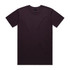 A dark purple T-shirt with a round neck and short sleeves, featuring a logo on the interior label.
