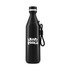 A drink bottle in sleek black with a silver cap and a strap, featuring a logo.