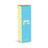 A drink bottle with a light blue design features playful graphics and has a logo. The packaging is brightly coloured.