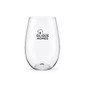 A drink bottle in a clear glass design with a rounded shape, featuring a logo.