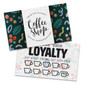 A loyalty card featuring vibrant colours, a coffee shop theme, and a decorative design with assorted patterns.