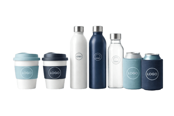 Branded drinkware including reusable bottles, coffee cups and insulated promotional drink bottles.