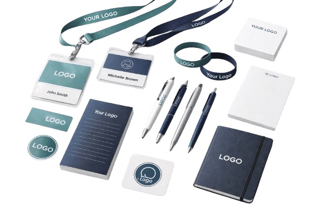 Promotional event merchandise including branded lanyards, notebooks, badges and stationery.