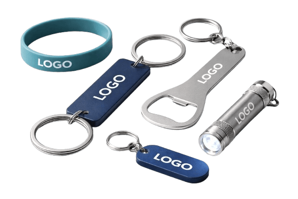 Branded keyrings and promotional keychain tools including bottle openers and mini torches.