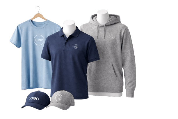 Custom branded apparel including polo shirts, hoodies and caps for corporate merchandise.