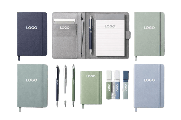 Branded writing merchandise including notebooks, pens and corporate stationery sets.