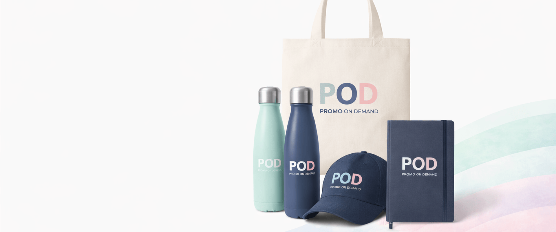 Promotional merchandise including branded tote bag, drink bottles, cap and notebook with Promo on Demand logo displayed in a clean product banner.