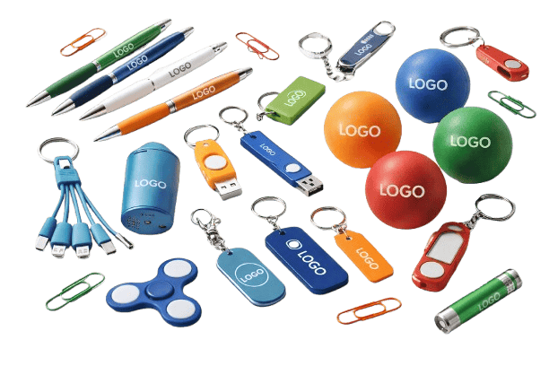 Promotional fun and games merchandise including branded key items, toys and novelty giveaways.