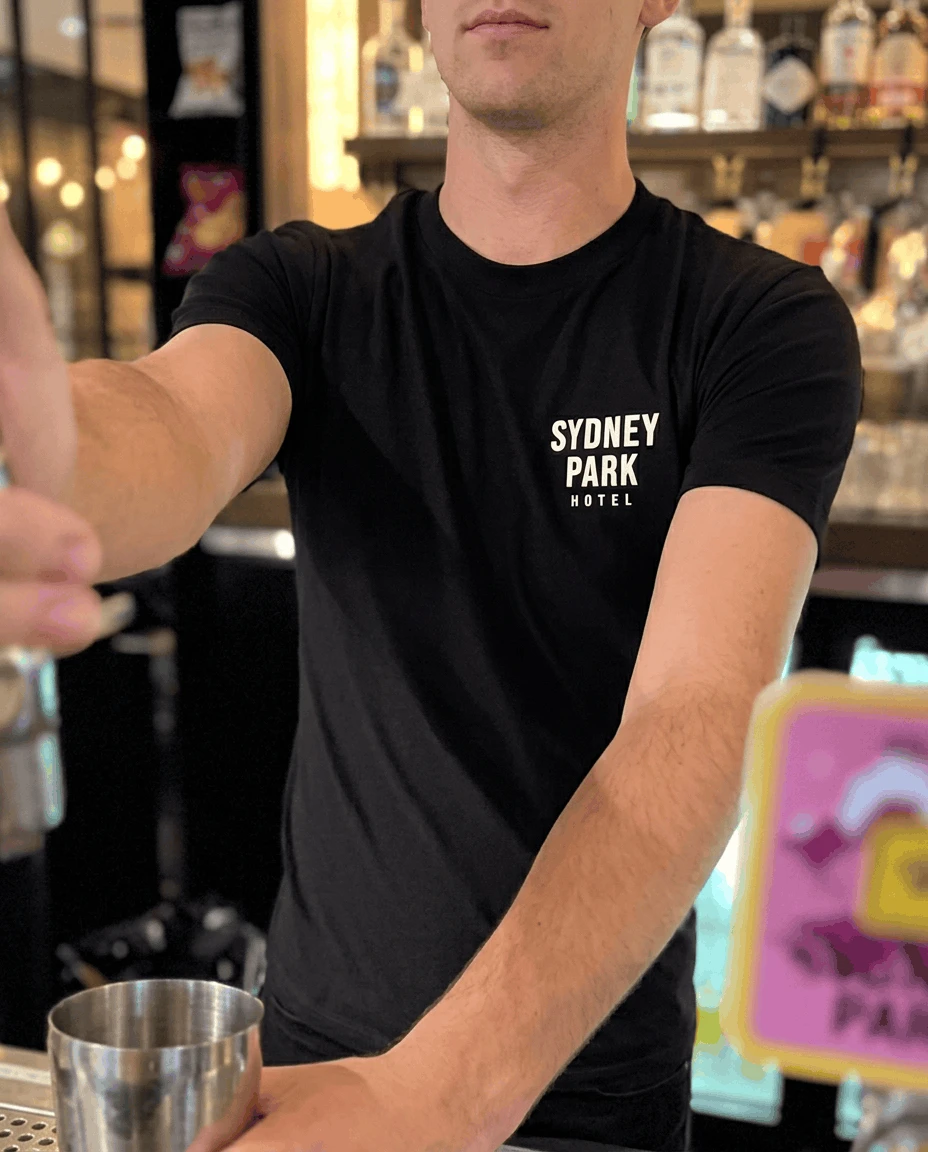 Sydney Park Hotel staff tee with left chest print