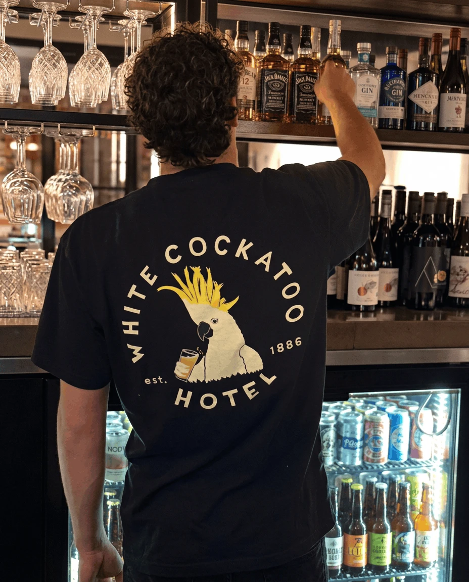 White Cockatoo Hotel staff tee with full back print