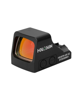 The HE407K-GR X2 is an open reflex optical sight designed for subcompact pistol applications. The HE407K-GR X2 improves on previous the version by adding Lock Mode which was first introduced in our 2018 LEM pistol optic models. Lock Mode, when activated, locks the buttons preventing inadvertent setting changes.

Additional features include Holosun’s Green Super LED with up to 50k hour battery life, a crisp 6MOA dot, and Shake Awake. The durable housing is made from 7075 Aluminum, uses Holosun’s K footprint, and houses the 1632 battery in a side-mounted tray for easy replacement when needed. The HS407K X2 is a direct for P365X/XL, and requires an adapter plate for slides with a four-boss interface.