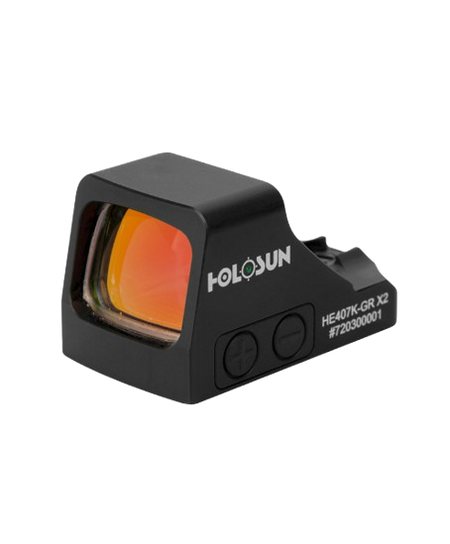 The HE407K-GR X2 is an open reflex optical sight designed for subcompact pistol applications. The HE407K-GR X2 improves on previous the version by adding Lock Mode which was first introduced in our 2018 LEM pistol optic models. Lock Mode, when activated, locks the buttons preventing inadvertent setting changes.

Additional features include Holosun’s Green Super LED with up to 50k hour battery life, a crisp 6MOA dot, and Shake Awake. The durable housing is made from 7075 Aluminum, uses Holosun’s K footprint, and houses the 1632 battery in a side-mounted tray for easy replacement when needed. The HS407K X2 is a direct for P365X/XL, and requires an adapter plate for slides with a four-boss interface.