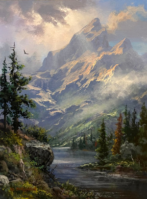 Mountain Light with Rays  - 12x9 inches. Original Acrylic on Hardboard Panel