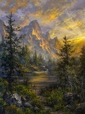 Mountain Light with Rays - 12x9 inches. Original Acrylic on