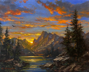 (NEW!) Sunset Mountain Lake - 8x10 inches. Original Acrylic on Stretched Canvas